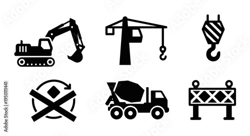 Construction icons with heavy machinery.