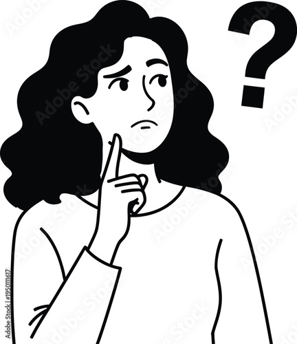A woman with a questioning expression and a raised finger