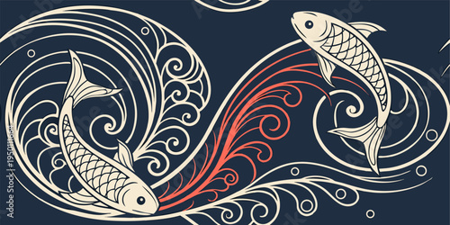 intricate vector illustration of dual koi fish swimming in wave