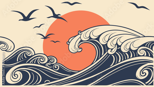 stylized illustration of ocean waves and seagulls at sunset