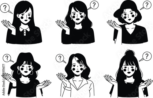 Confused woman expressions in various poses and outfits