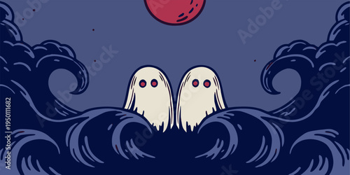 ghostly ocean spirits rising from waves under full moon