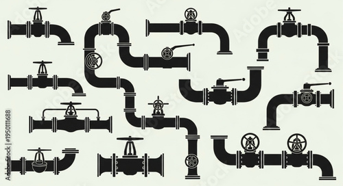 Collection of Black and White Pipe and Valve Illustrations.
