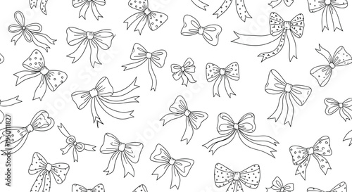 Seamless pattern showcasing various hand-drawn black and white ribbon bows in different sizes and styles for a cute and feminine design theme.