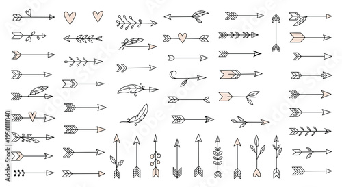 Comprehensive collection of hand drawn decorative arrows with hearts feathers and foliage for creative design projects.