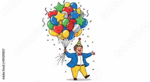 A cartoon man wearing a party hat holds colorful balloons with confetti on a white background with a joyful mood.