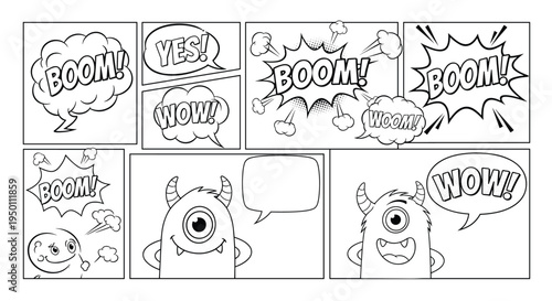 Fun comic book page features cute one-eyed monsters and loud action words like boom and wow in classic black and white style for kids to enjoy.