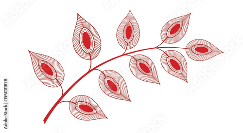 Artistic illustration of a curved red branch features intricate leaves decorated with peacock eye patterns for a sophisticated and unique look.