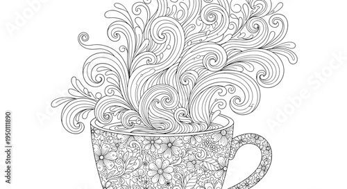 Beautiful coloring page features a coffee cup adorned with intricate floral designs and swirling steam for a relaxing and creative activity at home.
