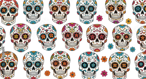 Vibrant pattern showcases a collection of colorful Mexican sugar skulls or calaveras decorated with flowers for Day of the Dead celebrations.