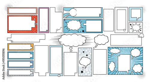 Extensive collection of blank comic book panels and speech bubbles in various colors and shapes offers endless possibilities for creative storytelling.