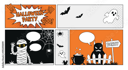 Halloween-themed comic book layout displays mummies ghosts and monsters among spooky speech bubbles and spider webs on a festive orange background.
