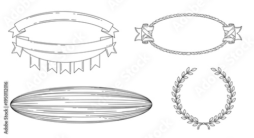 Selection of four decorative frame designs includes an ornate banner a braided oval and two laurel wreaths for classic and formal applications.