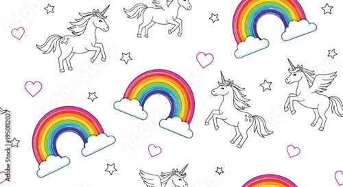 Seamless vector pattern featuring magical unicorns winged pegasus colorful rainbows hearts and stars on a clean white backdrop.