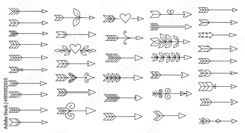 Extensive collection of hand-drawn decorative arrows in various styles and sizes provides a versatile set of elements for mapping and journaling.