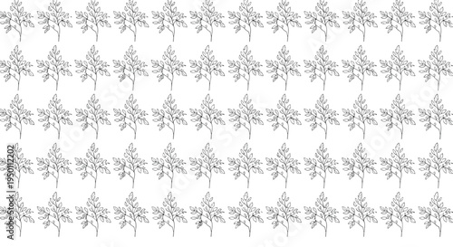 Dense monochrome pattern of hand drawn leafy plants with fine details repeating across a clean white background for nature themes.