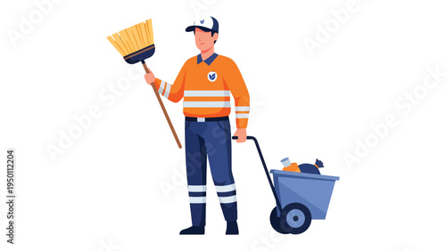 Urban Cleaner's Daily Duty: A dedicated sanitation worker, clad in reflective attire, diligently sweeps a city street with his broom, maintaining cleanliness, with his cart.