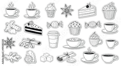 Hand drawn collection of coffee shop themed stickers featuring various drinks cakes spices and ingredients with a white border for menus.