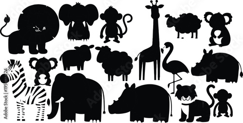Collection of black silhouettes of various wild animals