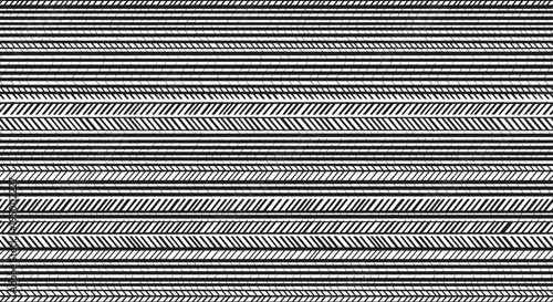 Intricate monochrome pattern of horizontal textured stripes with various hatched and dashed line details for a modern graphic background.