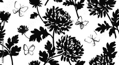 Black and white floral pattern with butterflies and insects
