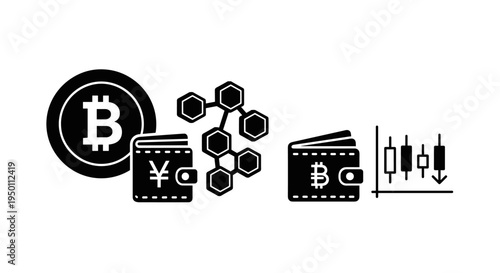 Cryptocurrency and stock market icons combined.