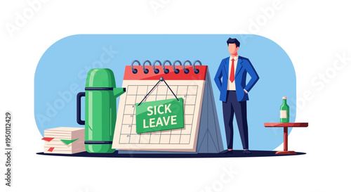 Businessman on sick leave with calendar thermos and medicine