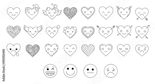 Comprehensive set of thirty-two black and white line art emoji icons featuring heart and face shapes with various facial expressions.