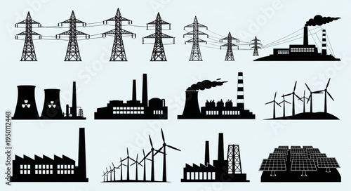 Silhouetted Power Generation and Distribution Infrastructure - A Visual Representation.