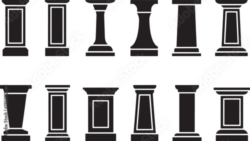Architectural column and pedestal icons set featuring different classic and modern base shapes