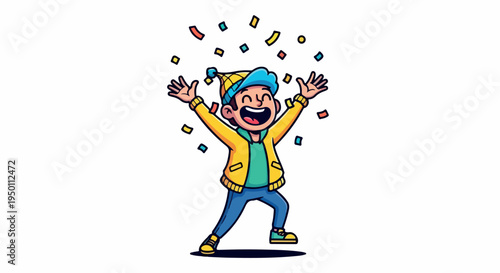 A cheerful cartoon man in a yellow jacket and blue hat stands with arms raised amidst colorful confetti on a white background with a joyful mood.