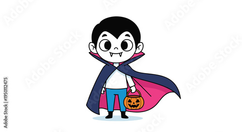 Cute cartoon illustration of a little vampire boy wearing a blue and pink cape and holding a carved pumpkin bucket for Halloween trick or treat.