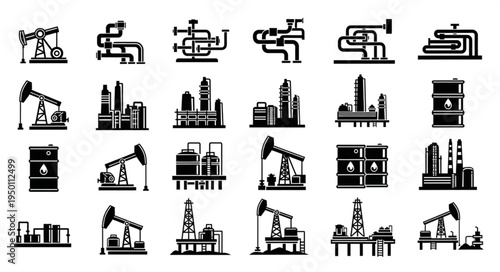 Oil and Gas Industry Icons - A Collection of Black and White Symbols.