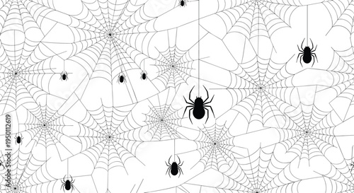 Seamless pattern with black spiders and white spiderwebs provides a spooky background design for halloween or horror themed projects.
