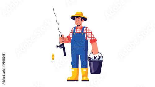 Fisherman's Leisure: A fisherman, embodying rural simplicity and the joys of the outdoor life, stands ready with a fishing rod and bucket, poised for a tranquil day of angling. 