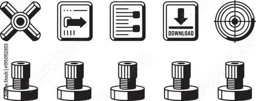 Industrial icons including cross knob control download button settings button and target symbol
