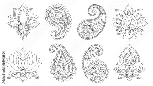 An illustration of six traditional henna designs on a white background