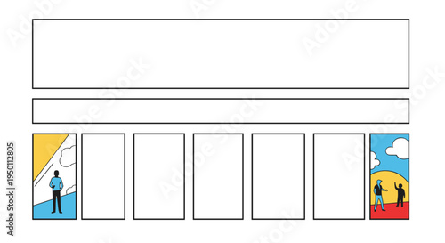 Comic strip layout features various panels with silhouettes of people in landscapes alongside empty frames for storytelling and dialogue.