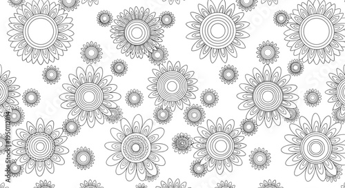 Seamless pattern with stylized sunflower outlines in black and white creates a beautiful floral background for textiles or stationery.