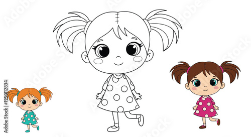 Childrens coloring book page features a cute girl with pigtails alongside colored examples to inspire creativity and learning for kids.