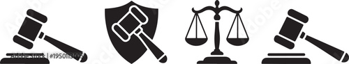 Legal icons set with gavels shield and balanced scales of justice
