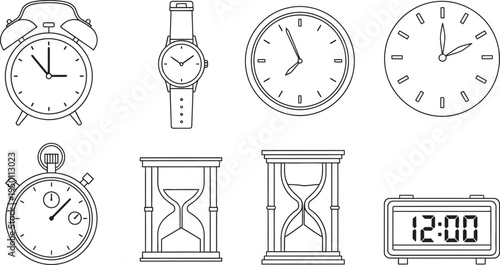 Diverse collection of time measurement devices including clocks watches and hourglasses presented as minimalist outline vector icons for web and app design