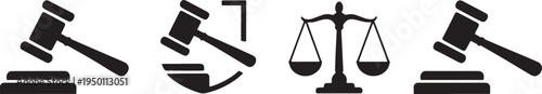 Legal justice icons set featuring judge wooden gavel with sounding block and balanced scale