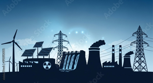 Silhouette of Diverse Energy Sources - Wind, Solar, Hydro, Nuclear, and Fossil Fuels.