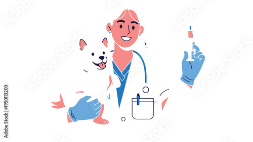 Gentle Care: A compassionate vet cradles a fluffy puppy, syringe poised, symbolizing the dedication to animal wellness and comfort.