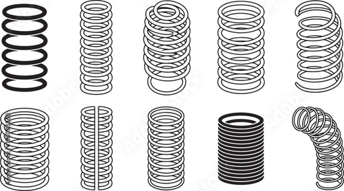 Set of black springs with different shapes for various mechanical and industrial applications