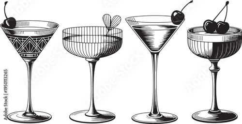 Set of elegant vintage martini glasses with cherry garnish on transparent background