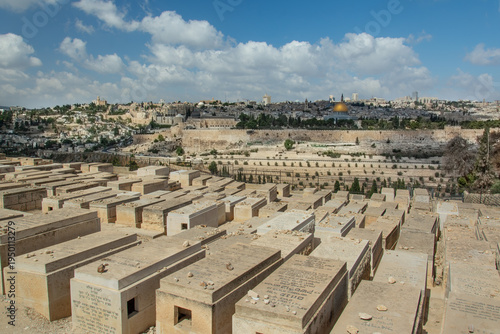 Jerusalem Skyline with Mount of Olives Cemetery and Dome of the Rock