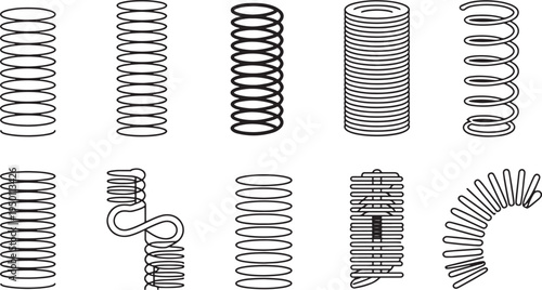 Set of ten different spiral springs. outlines of coil springs used in various mechanical applications