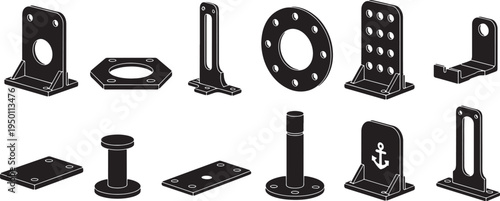Set of ten solid black industrial components. various isometric elements for mechanical assemblies